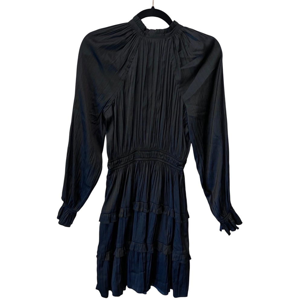 Black Pleated Satin Mini Dress XS Long Sleeve Tiered Ruffle Smocked Waist - Picture 4 of 8
